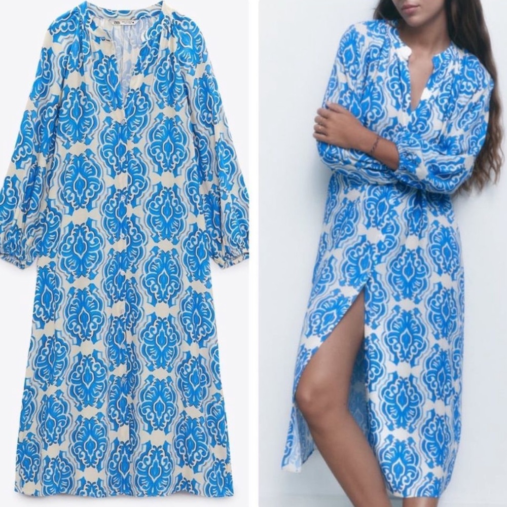 Zara Blue and White Patterned Dress - Picture 1 of 10